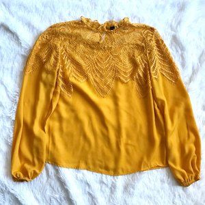 Mustard Yellow Blouse Lace Collar Accent